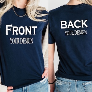 Front and back custom shirt mockups showing a unisex t-shirt and hoodie with customizable front and back text designs, multiple color options, font style previews, and size charts, highlighting personalized apparel choices for adults, youth, and baby onesies.