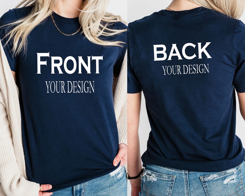 Front and back custom shirt mockups showing a unisex t-shirt and hoodie with customizable front and back text designs, multiple color options, font style previews, and size charts, highlighting personalized apparel choices for adults, youth, and baby onesies.
