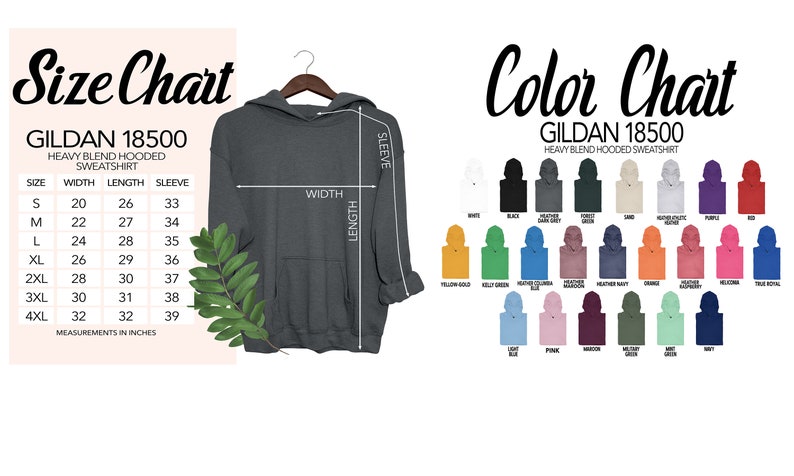 May include: Size chart for Gildan 18500 heavy blend hooded sweatshirt. The chart shows the width, length, and sleeve length in inches for sizes S to 4XL. A color chart shows 24 different colors of the sweatshirt.