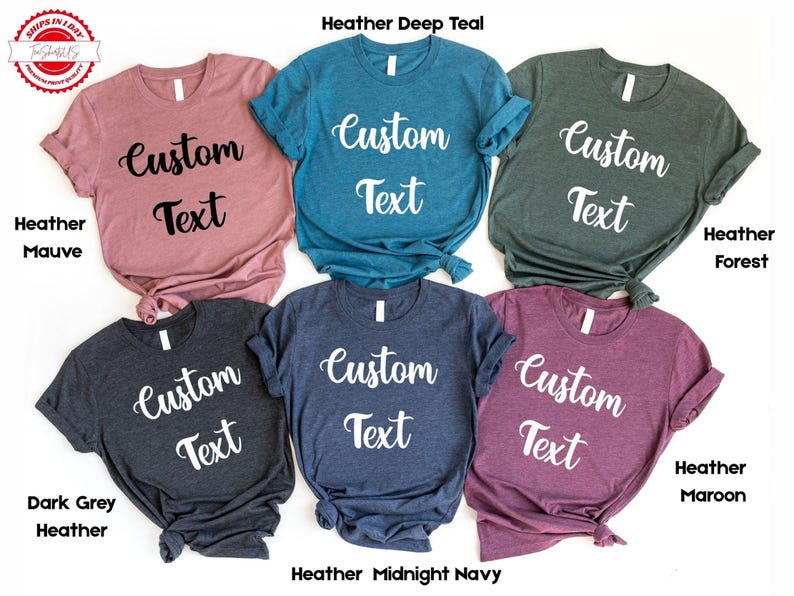 a collection of six t-shirts, each with a different color and text design, arranged in a grid pattern.