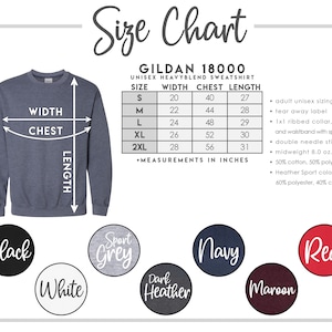 K&ouml;nnte beinhalten: Gr&ouml;&szlig;entabelle f&uuml;r Gildan 18000 Unisex Heavyweight Blend Sweatshirt. Die Tabelle zeigt die Gr&ouml;&szlig;en S bis 2XL mit den entsprechenden Ma&szlig;en f&uuml;r Breite, Brust und L&auml;nge in Zoll. Der Pullover ist in Schwarz, Wei&szlig;, Sportgrau, Dunkelgrau, Marineblau, Rotbraun und Rot erh&auml;ltlich.