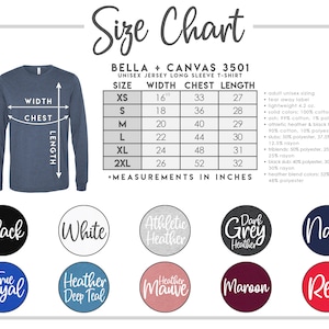 K&ouml;nnte beinhalten: Gr&ouml;&szlig;entabelle f&uuml;r das Bella + Canvas 3501 Unisex Jersey Langarm-T-Shirt. Die Tabelle zeigt die Ma&szlig;e in Zoll f&uuml;r Breite, Brust und L&auml;nge f&uuml;r die Gr&ouml;&szlig;en XS bis 2XL. Die Tabelle listet auch die Stoffdetails f&uuml;r verschiedene Farben auf, darunter Uni-Farben, Melange-Farben und Slubs.