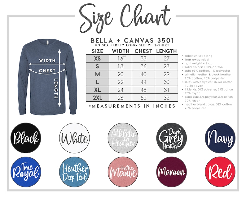 K&ouml;nnte beinhalten: Gr&ouml;&szlig;entabelle f&uuml;r das Bella + Canvas 3501 Unisex Jersey Langarm-T-Shirt. Die Tabelle zeigt die Ma&szlig;e in Zoll f&uuml;r Breite, Brust und L&auml;nge f&uuml;r die Gr&ouml;&szlig;en XS bis 2XL. Die Tabelle listet auch die Stoffdetails f&uuml;r verschiedene Farben auf, darunter Uni-Farben, Melange-Farben und Slubs.