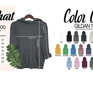 May include: Size chart for Gildan 18500 heavy blend hooded sweatshirt. The chart shows the width, length, and sleeve length in inches for sizes S to 4XL. A color chart shows 24 different colors of the sweatshirt.
