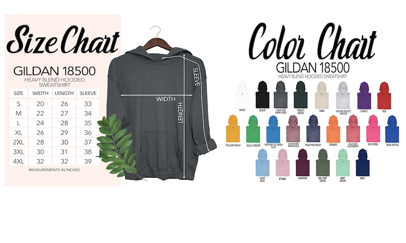 May include: Size chart for Gildan 18500 heavy blend hooded sweatshirt. The chart shows the width, length, and sleeve length in inches for sizes S to 4XL. A color chart shows 24 different colors of the sweatshirt.