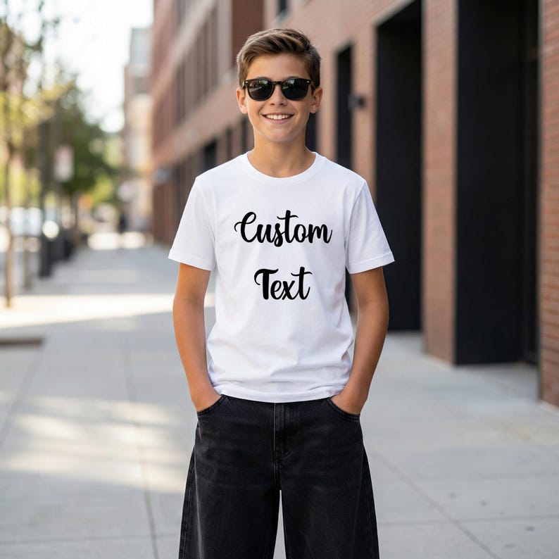 A young boy wearing a white t-shirt with the text "Custom Text" printed on it, standing on a sidewalk in front of a brick building.