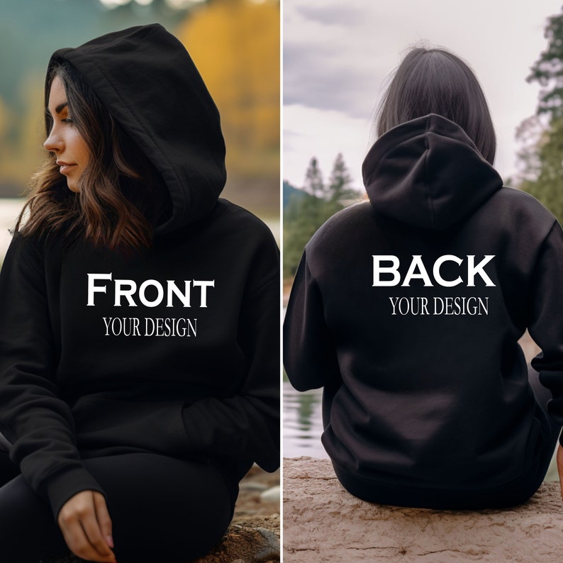 Front and back custom shirt mockups showing a unisex t-shirt and hoodie with customizable front and back text designs, multiple color options, font style previews, and size charts, highlighting personalized apparel choices for adults, youth, and baby onesies.
