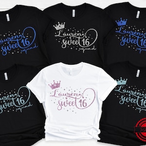 Personalized Sweet 16th Birthday Faux Glitter Shirt, Custom Name Birthday Party Glitter Shirt, Sweet Sixteen Squad Sweater