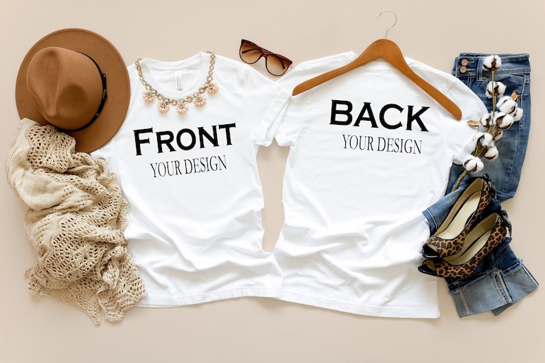 Front and back custom shirt mockups showing a unisex t-shirt and hoodie with customizable front and back text designs, multiple color options, font style previews, and size charts, highlighting personalized apparel choices for adults, youth, and baby onesies.