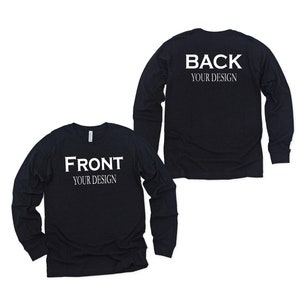 Front and back custom shirt mockups showing a unisex t-shirt and hoodie with customizable front and back text designs, multiple color options, font style previews, and size charts, highlighting personalized apparel choices for adults, youth, and baby onesies.