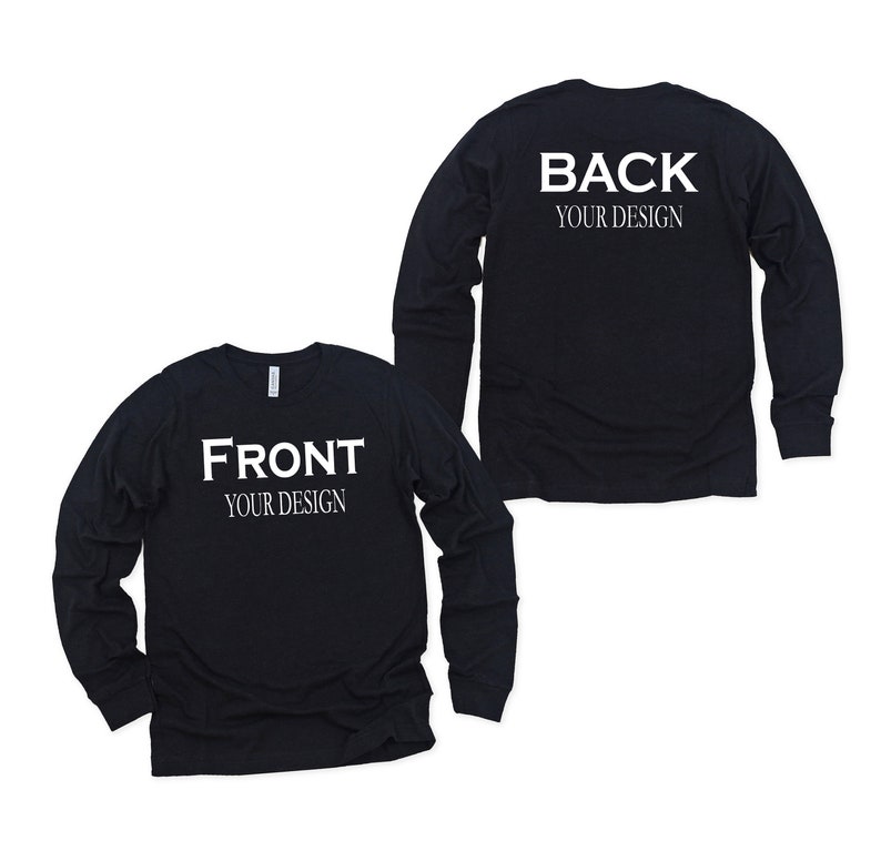 Front and back custom shirt mockups showing a unisex t-shirt and hoodie with customizable front and back text designs, multiple color options, font style previews, and size charts, highlighting personalized apparel choices for adults, youth, and baby onesies.