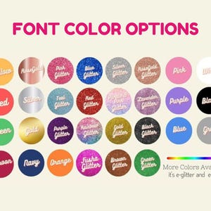 a collection of 24 circular images, each representing a different color of glitter. The text above the images reads "Font Color Options".