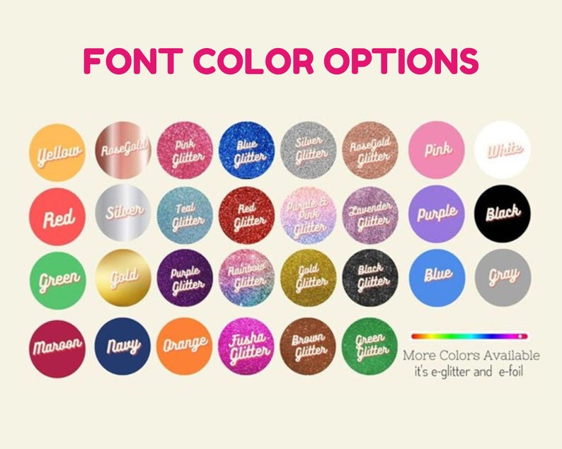 a collection of 24 circular images, each representing a different color of glitter. The text above the images reads "Font Color Options".