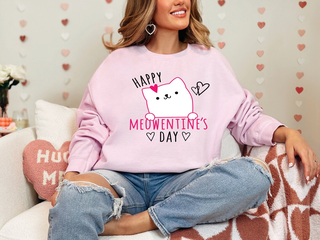 Meowentine Valentines Day Sweatshirt, Cute Cat Valentine Clothing, Cat