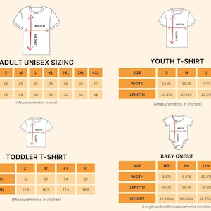 four different size charts for adult and youth t-shirts, as well as size charts for toddler and baby onesies. The charts provide measurements in inches for each size, including width and length.