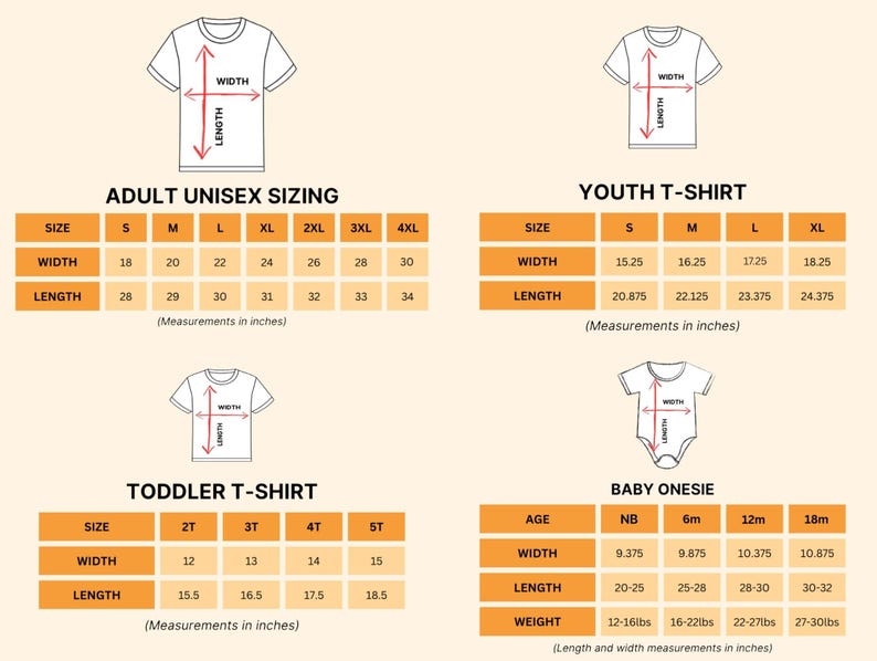 four different size charts for adult and youth t-shirts, as well as size charts for toddler and baby onesies. The charts provide measurements in inches for each size, including width and length.