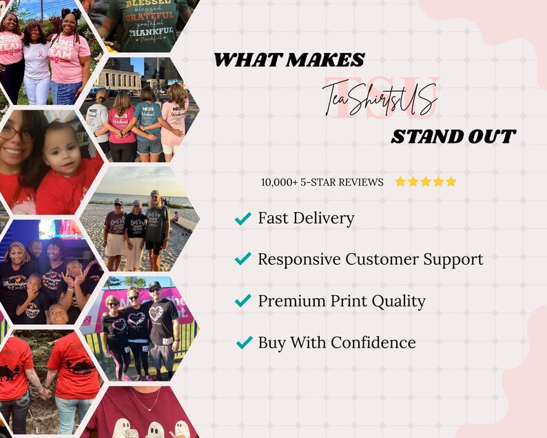 The image is a collage of various images featuring people wearing T-shirts, with text overlaying the collage.