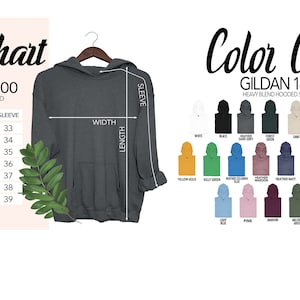 May include: A dark gray Gildan 18500 heavy blend hooded sweatshirt displayed on a hanger, with a size chart showing measurements in inches. A color chart displays various sweatshirt colors, including white, black, and blue.