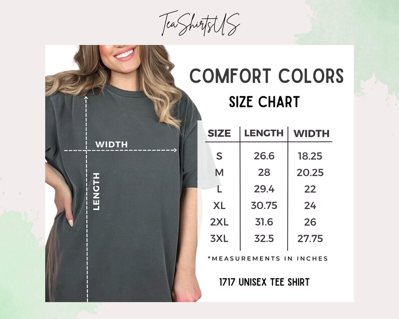 The image is a size chart for a 1717 unisex tee shirt, showing the measurements for different sizes.