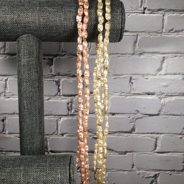 Set of  2 Vintage 1980's Retro Faux Fresh Water Rice Pearl Necklaces, Cream & Gold, Rose and Gold, No Closure, Infinity Strand