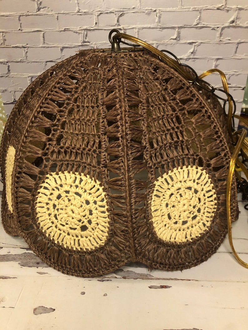 Vintage MCM Open Weave Wicker Swag Lamp 1960s Metal Frame Metal Chain