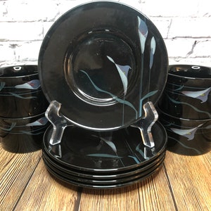 Canecas vintage Mikasa Galleria Black Opus FK701 Calla Lily dos anos 80, pratos de sobremesa, Japão, descontinuado