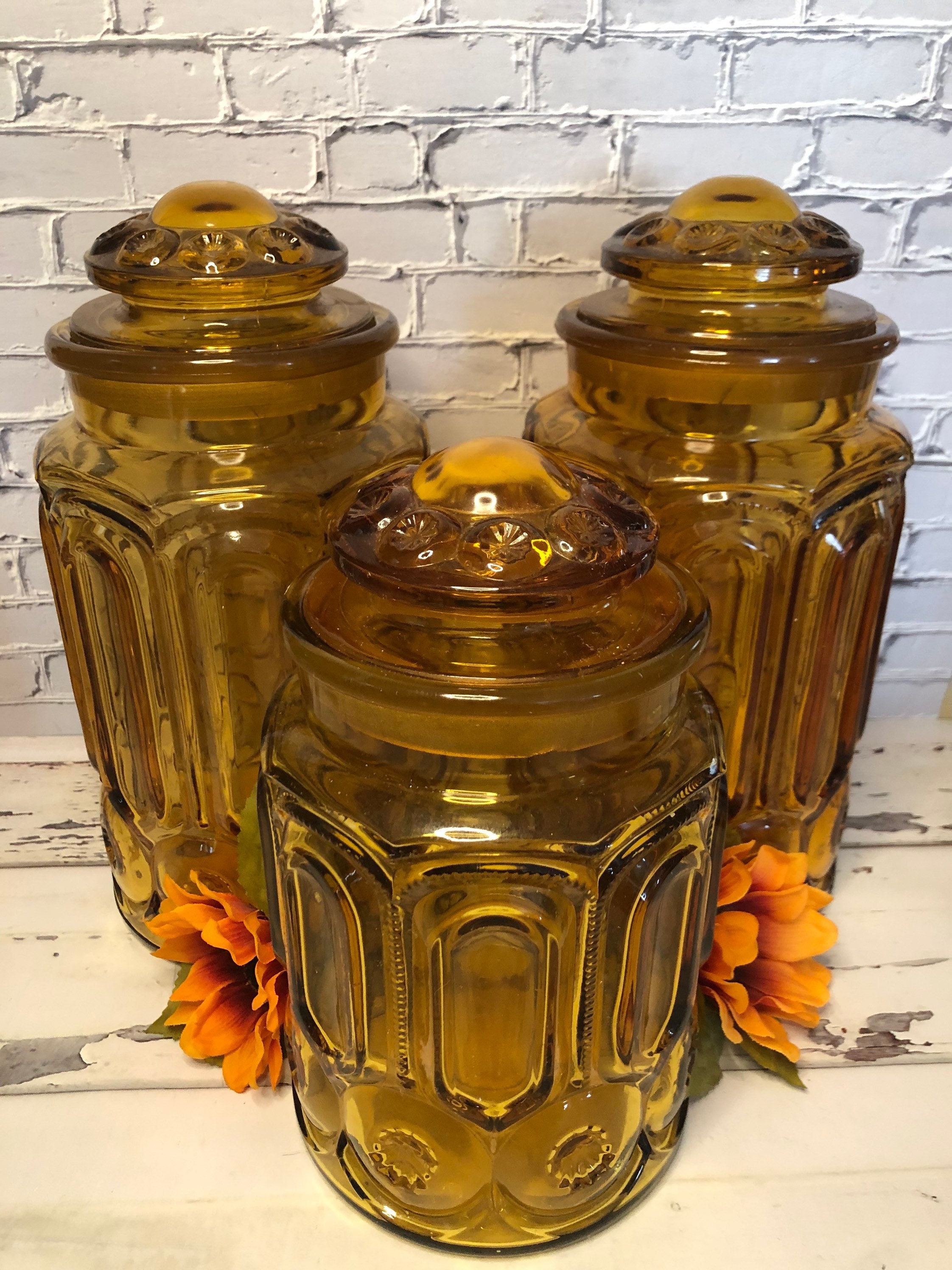 Vintage Amber Tinted Etched Glass Apothecary Jars Lidded Set Of Three