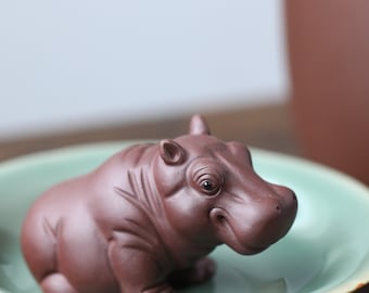 Funny Purple Pottery Hippo Figurine Statue,Ceramic Clay pottery Hippo Statue Home Ornament Animal Figurines Gift Yixing Zisha Clay Tea pet