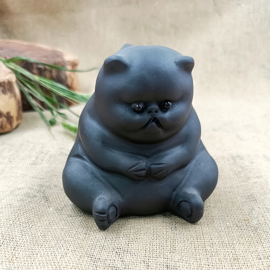 Handmade Clay Purple Sand Black Dumb Cat Statue Feng Shui Decoration