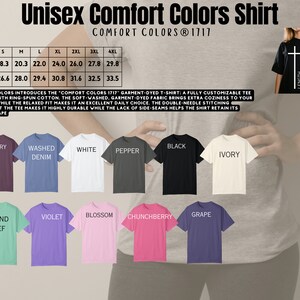 May include: Unisex t-shirt in various colors, including berry, washed denim, white, pepper, black, ivory, island reef, violet, blossom,  chunchberry, and grape. The shirt is made of 100% ring-spun cotton and features a relaxed fit. The size chart shows measurements in inches for sizes S through 4XL.