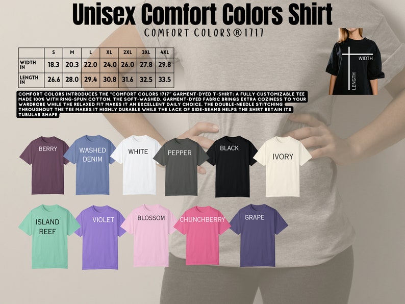 May include: Unisex t-shirt in various colors, including berry, washed denim, white, pepper, black, ivory, island reef, violet, blossom,  chunchberry, and grape. The shirt is made of 100% ring-spun cotton and features a relaxed fit. The size chart shows measurements in inches for sizes S through 4XL.