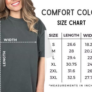 May include: Size chart for a t-shirt with measurements in inches. The chart shows the size, length, and width of the shirt in inches. The sizes are S, M, L, XL, 2XL, and 3XL.