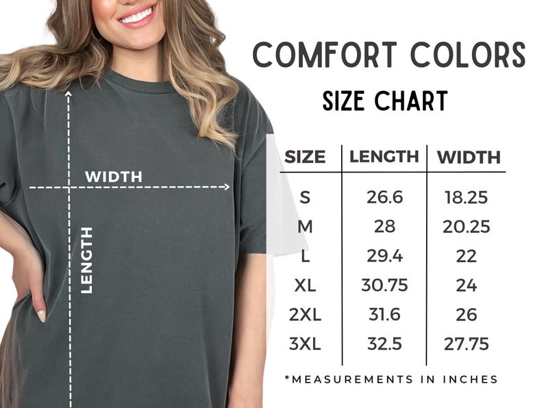 May include: Size chart for a t-shirt with measurements in inches. The chart shows the size, length, and width of the shirt in inches. The sizes are S, M, L, XL, 2XL, and 3XL.