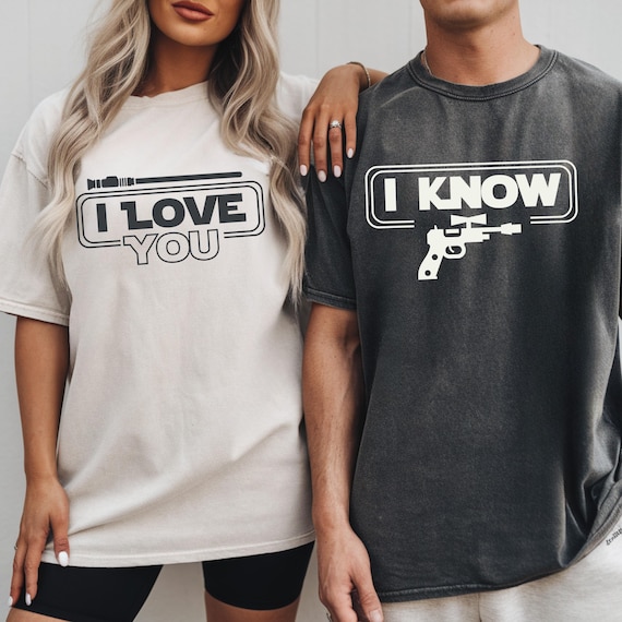 I love you, I know customizable shirts, couple theme park shirts, galaxy edge shirts, lightsaber shirts, Han Solo and princess Leia inspired