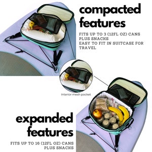 May include: A turquoise and black insulated cooler bag with a mesh pocket. The cooler bag is shown expanded and compacted, with text that reads "compacted features" and "FITS UP TO 3 (12FL OZ) CANS PLUS SNACKS EASY TO FIT IN SUITCASE FOR TRAVEL" and "expanded features" and "FITS UP TO 16 (12FL OZ) CANS PLUS SNACKS".