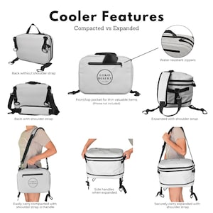 May include: A gray cooler bag with a black zipper and a black strap. The cooler bag is shown in two different positions: compacted and expanded. The cooler bag has a front pocket with the text "LOKO DESERT" on it. The cooler bag has side handles and a shoulder strap.