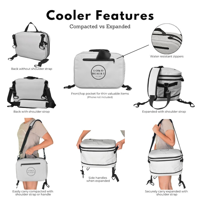 May include: A gray cooler bag with a black zipper and a black strap. The cooler bag is shown in two different positions: compacted and expanded. The cooler bag has a front pocket with the text "LOKO DESERT" on it. The cooler bag has side handles and a shoulder strap.