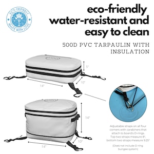May include: Two white insulated cooler bags with adjustable straps and D-rings. The bags are made of 500D PVC tarpaulin and are water-resistant and easy to clean. The bags are 14 inches long and 10 inches wide.
