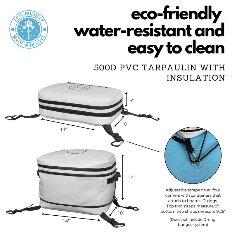 May include: Two white insulated cooler bags with adjustable straps and D-rings. The bags are made of 500D PVC tarpaulin and are water-resistant and easy to clean. The bags are 14 inches long and 10 inches wide.