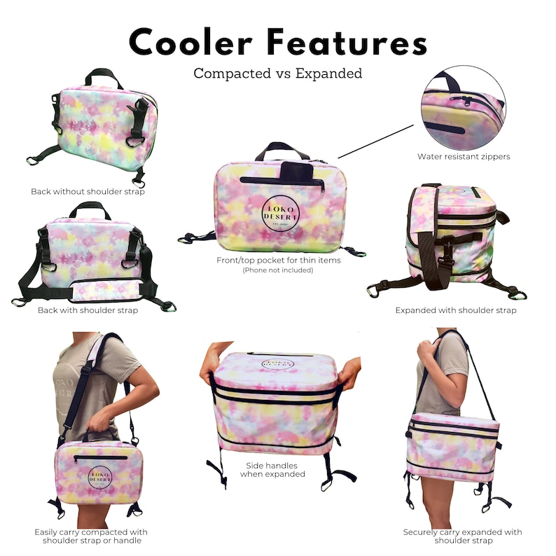 May include: A tie-dye cooler bag with a black strap and a front pocket. The cooler bag is shown in two positions: compacted and expanded. The expanded version has side handles and a larger capacity. The cooler bag is water resistant and has a front pocket for thin items. The text "LOKO DESERT" is printed on the cooler bag.