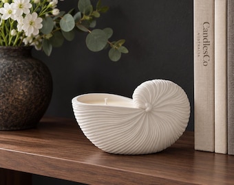 May include: A white nautilus shell-shaped candle with a single centred wick. The wax is contained within the curved, ribbed structure of the shell. The candle is positioned on a wooden shelf next to two books labelled CandlesCo Australia.