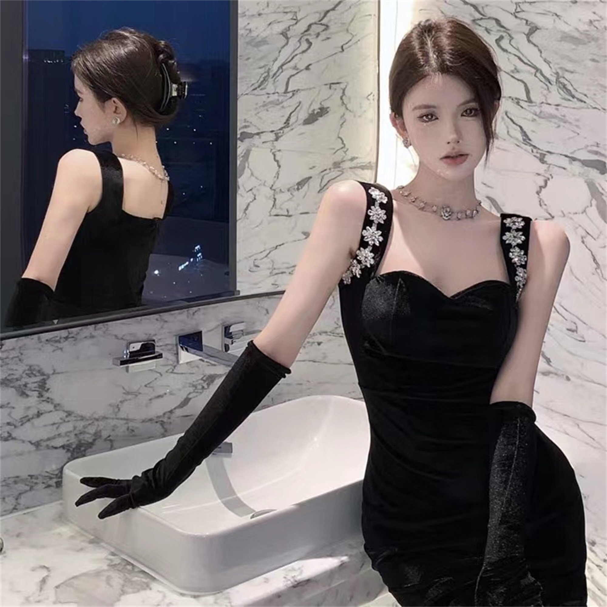 French style black slip dress,short dress main image 1