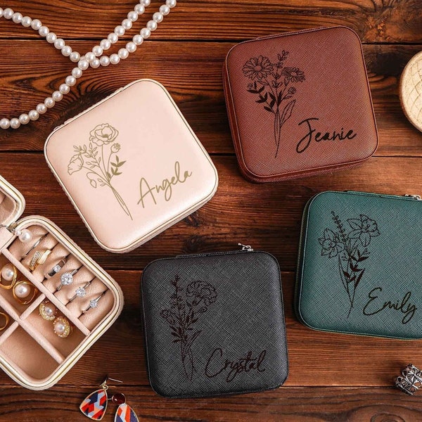 Jewelry Travel Case,Engraved Leather Jewelry Box,Birth Flower Jewelry Travel Case,Birthday Gifts for Her,Bridesmaid gift,Valentines Day Gift