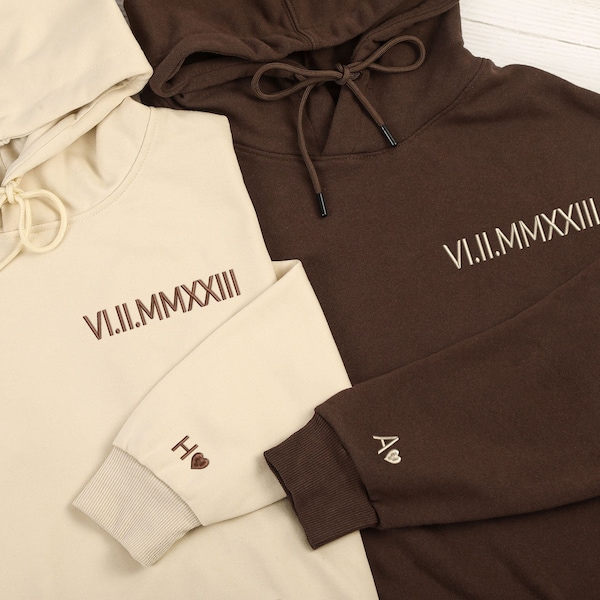 Custom Embroidered Roman Numeral Hoodie,Date & Initial Hoodie,Couple Hoodies,Valentine's Day Gifts,Couple Gifts,Anniversary Engagement Gift