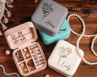 Leather Jewelry Travel Case,Engraved Jewelry Box,Birth Flower Jewelry Travel Case,Birthday Gifts for Her,Bridesmaid gift,Valentines Day Gift