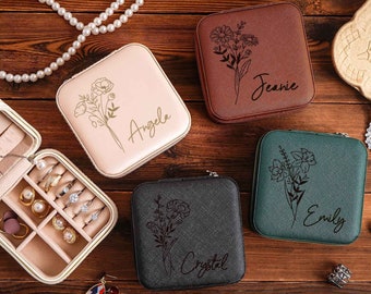 Jewelry Travel Case,Engraved Leather Jewelry Box,Birth Flower Jewelry Travel Case,Birthday Gifts for Her,Bridesmaid gift,Valentines Day Gift