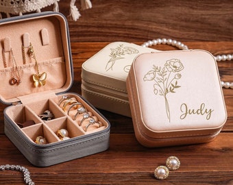 Jewelry Travel Case,Birth Flower Jewelry Travel Case,Engraved Leather Jewelry Box,Birthday Gifts for Her,Bridesmaid gift,Valentines Day Gift