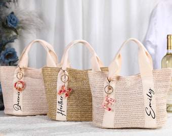 Bolsas de paja de playa personalizadas, bolsas de mano de arpillera de dama de honor, bolsa de regalo de dama de honor, bolsa de mano de playa, bolsa de ducha nupcial, bolsa de regalo de despedida de soltera y boda