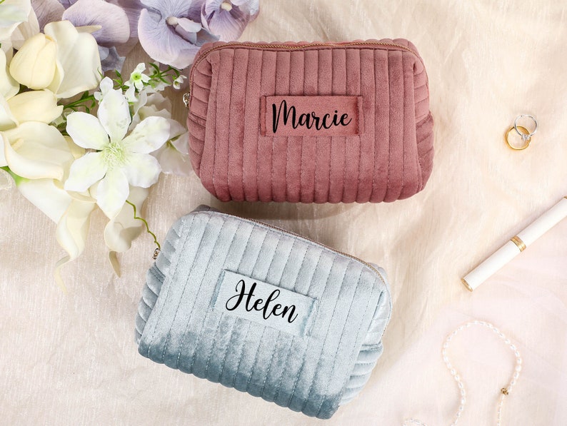 Custom Makeup Bag,Personalized Bridesmaid Gifts,Velvet Cosmetic Bag,Travel Toiletry Bag,,Birthday Gift,Gift for Her image 9