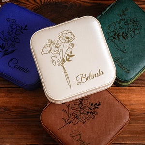 Jewelry Travel Case,Engraved Leather Jewelry Box,Birth Flower Jewelry Travel Case,Birthday Gifts for Her,Bridesmaid gift,Valentines Day Gift image 9